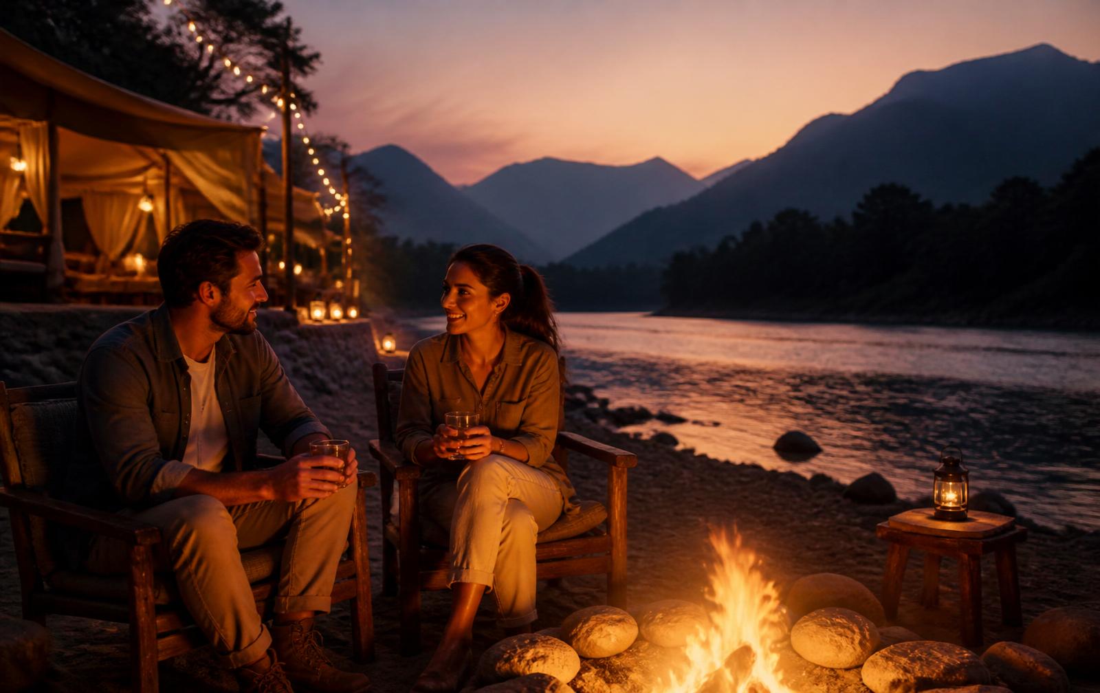 Couple by the riverside bonfire