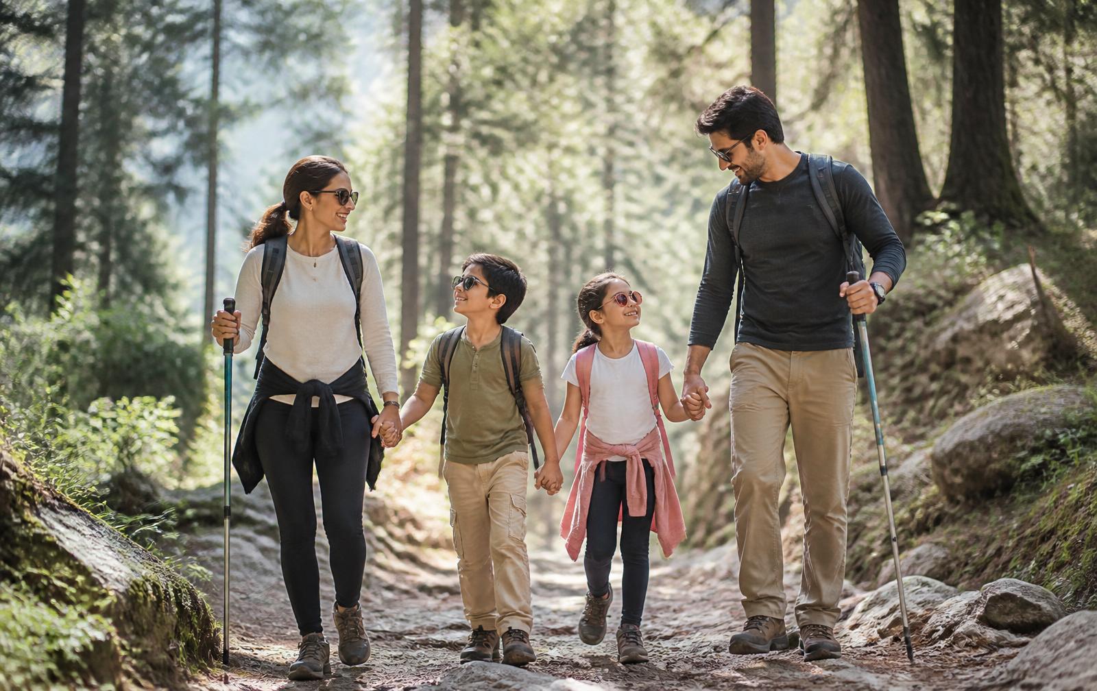 Family trekking through the forest